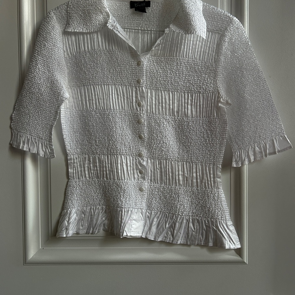 Vintage White Smocked Ruffle Button-Front Women's Top